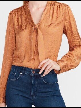 Express Gold/Orange Satin Jacquard Tie Neck Top